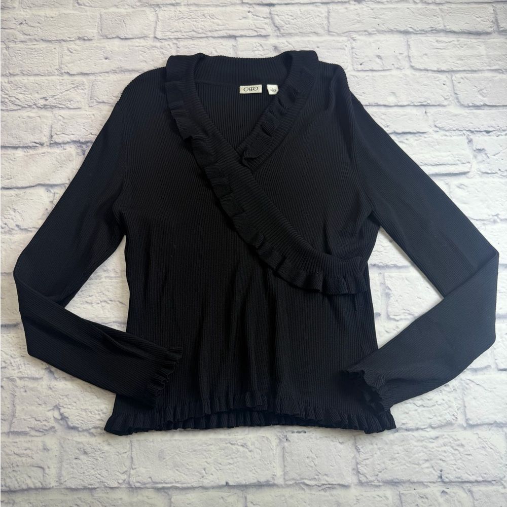 Cato Black Ruffle-Trim Long Sleeve Wrap Top. Size Large.